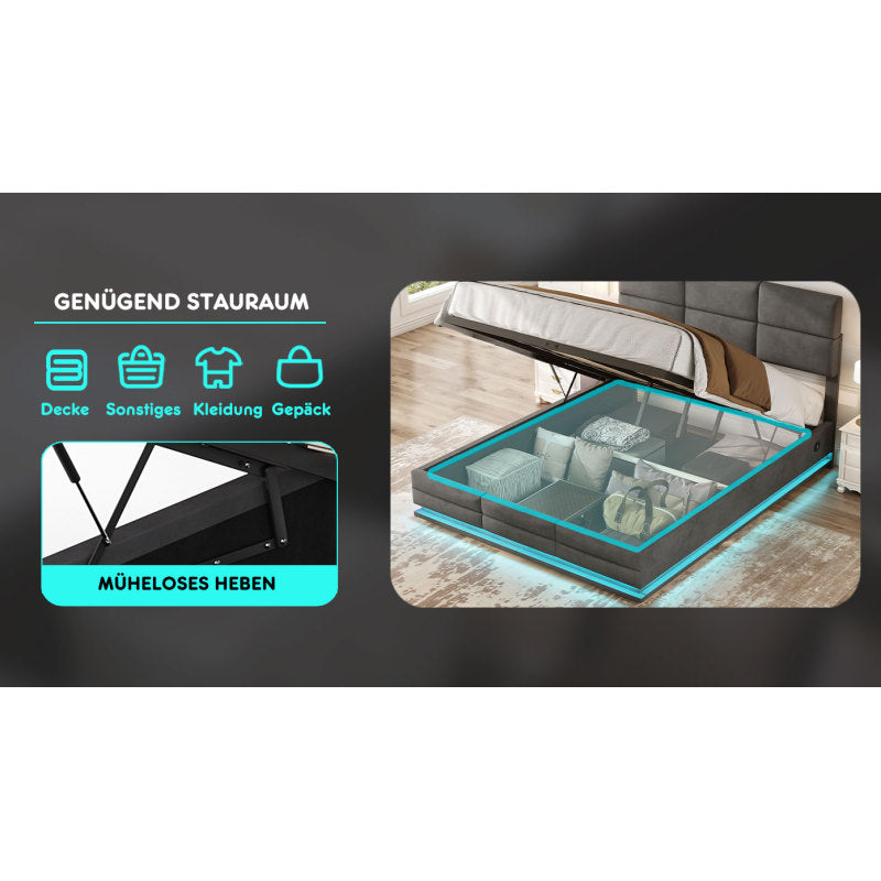 160 x 200 cm Bettgestell aus weichem Samt mit USB Type C Ladefunktion und LED Beleuchtung, Hydrauliksystem Stauraum Bettgestell aus Samtmaterial Jugendbett mit Lattenrost, Grau