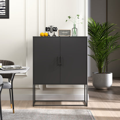 Metall-Sideboard,Lagerschrank– 2 Regale, freistehender Stahlschrank, Magnettüren, Anti-Kipp-Sicherung, Wohnzimmer, Küche, Büro, Schwarz, H 109 cm × B 85 cm × T 40 cm