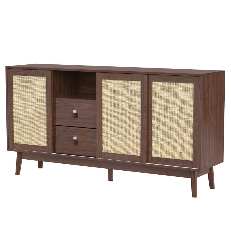 Sideboard mit 3 Schiebetüren aus echtem Rattan und 2 Schubladen, 155x38x80 cm, atmungsaktiv, stabil und vielseitig