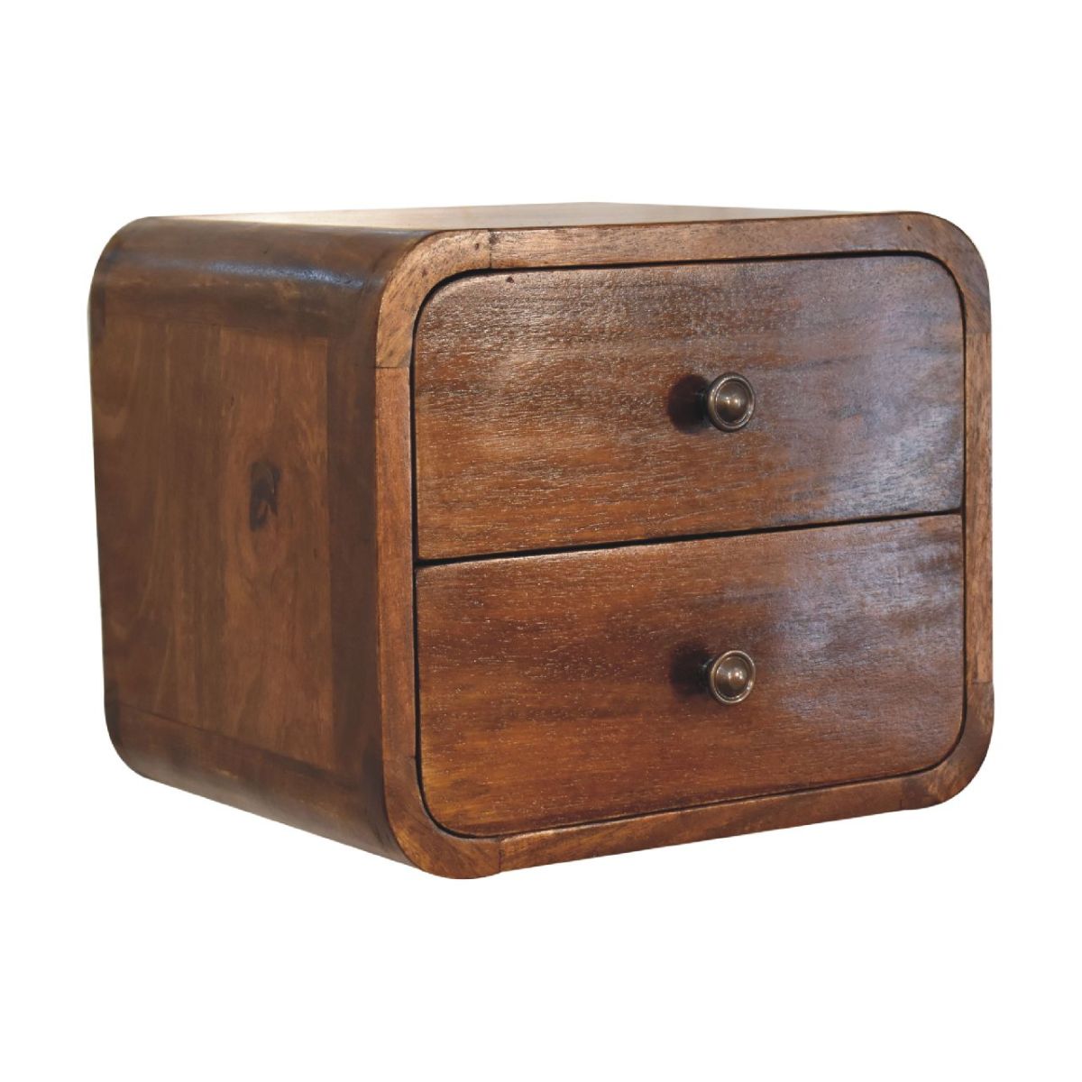 Schwebender Mini-Nachttisch aus Massivholz – Kastanienbraun, 2 Schubladen, Handgefertigt, Wandmontage, Nachhaltiges Design, 30x25x25 cm