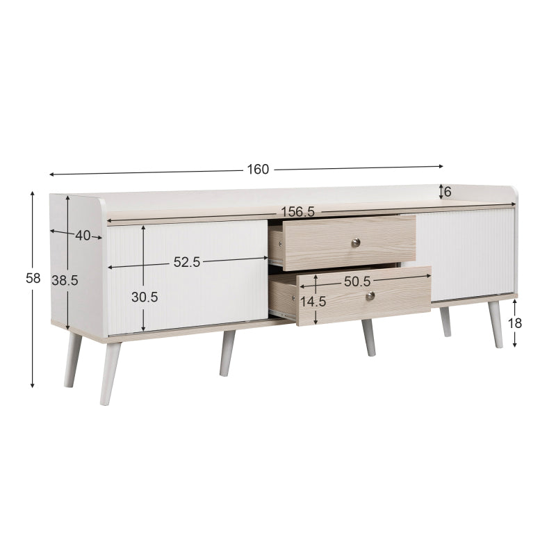 TV-Schrank mit zwei Schubladen, Fernsehtisch TV Board, TV- Lowboard niedrige Platte mit zwei Schiebetüren. Exquisite Textur. Weiß und natürliches Holzfarbe. H58/L160/T40 cm.