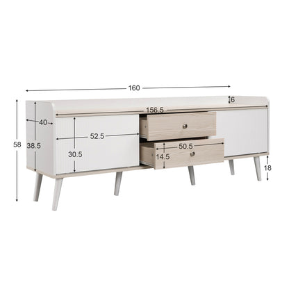TV-Schrank mit zwei Schubladen, Fernsehtisch TV Board, TV- Lowboard niedrige Platte mit zwei Schiebetüren. Exquisite Textur. Weiß und natürliches Holzfarbe. H58/L160/T40 cm.
