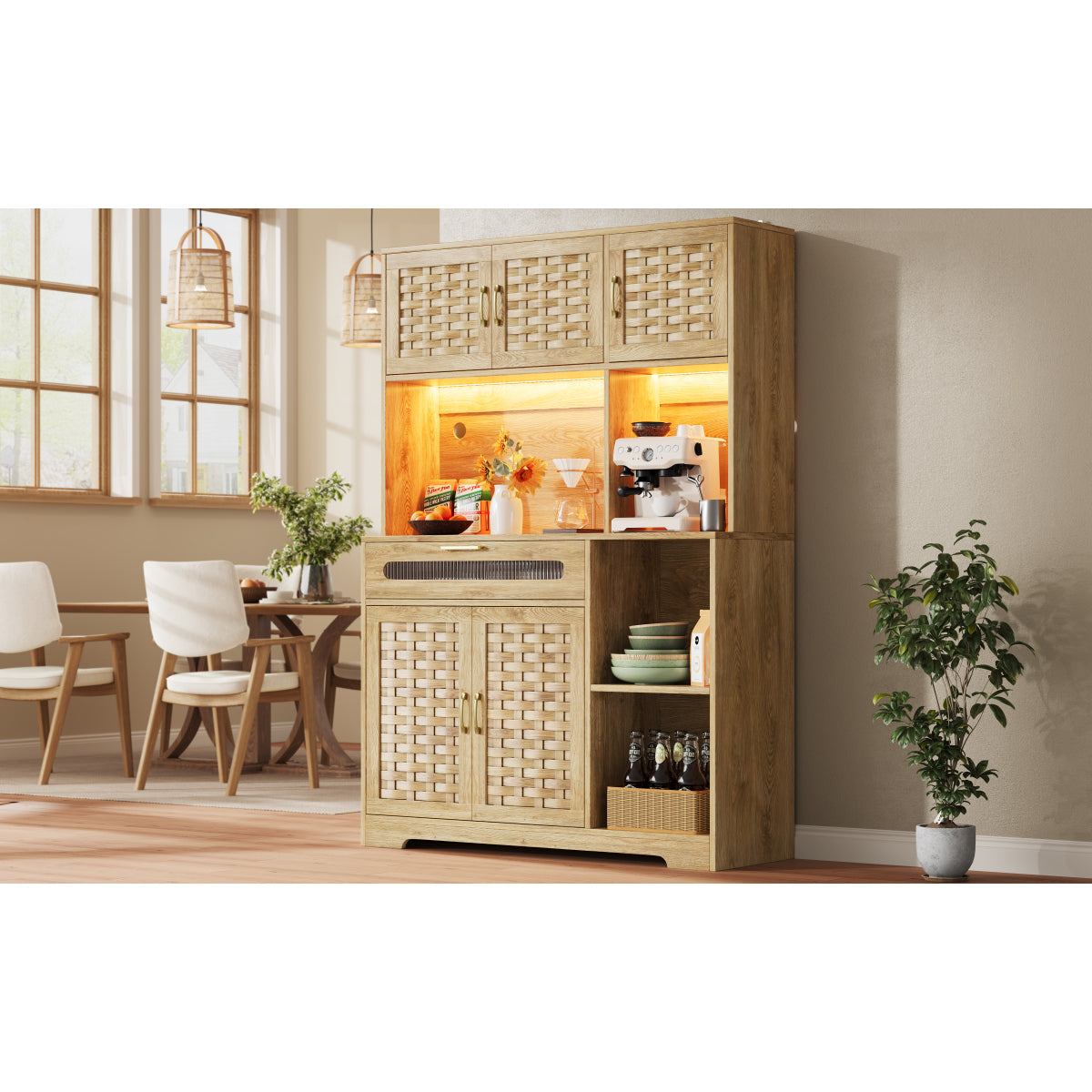 Hochschrank 120x40x180cm Vitrine mit LED-App-Steuerung & Musikmodus, Küchenschrank Natur Holzoptik, MDF-Geflecht & Glastüren