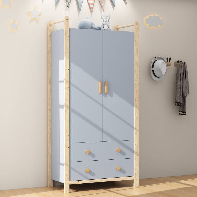 2-türiger Kleiderschrank, Kleiderschrank mit Kleiderstange, für Schlafzimmer, Wohnzimmer, Flurgarderobe geeignet,  blauer Körper + Kieferrahmen