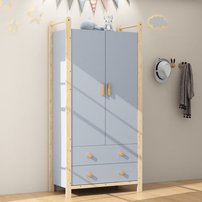 2-türiger Kleiderschrank, Kleiderschrank mit Kleiderstange, für Schlafzimmer, Wohnzimmer, Flurgarderobe geeignet,  blauer Körper + Kieferrahmen