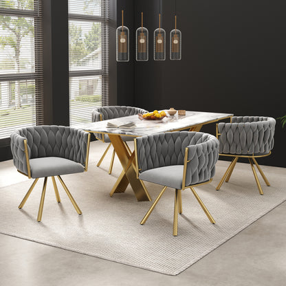 Samt-Esszimmerstuhl, einzelner heller Luxus-Wohnzimmer-Schlafzimmer-Drehstuhl, Freizeit-Drehstuhl mit vier Stützbeinen aus Metall,Grau und Gold