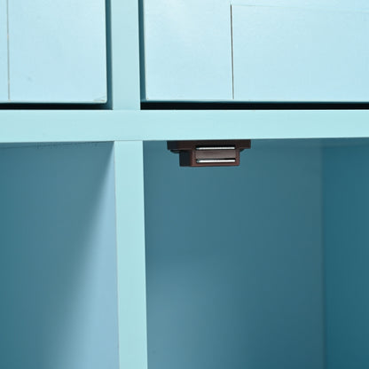 139x46(71)x91,5 cm großer Esswagen/Anrichte, Korpus Blau + Arbeitsplatte in Massivholzmaserung, klappbare Arbeitsplatte, Ablagetür, Rollen, auswechselbare Massivholzfüße, geeignet für Esszimmer, Küche