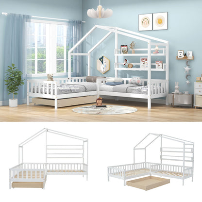 Kinderbett Hausbett mit Schubladen und Regalen, Massivholz mit Zaun und Lattenrost, L-Struktur, Weiß (90x200 cm+140x70cm)