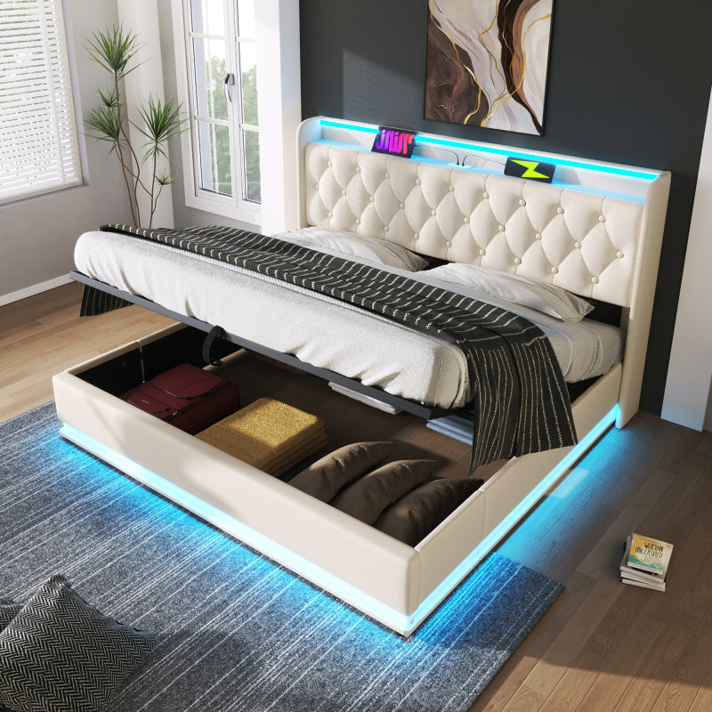 Polsterbett Doppelbett, 360-Surround-LED-Funktion, Drucktaste/App/Fernbedienung, 180*200 cm, weiß PU-Material Hydraulisches Lagerbett, gepolstertes Kopfteil mit USB Typ-C Ladefunktion (Ohne Matratze)