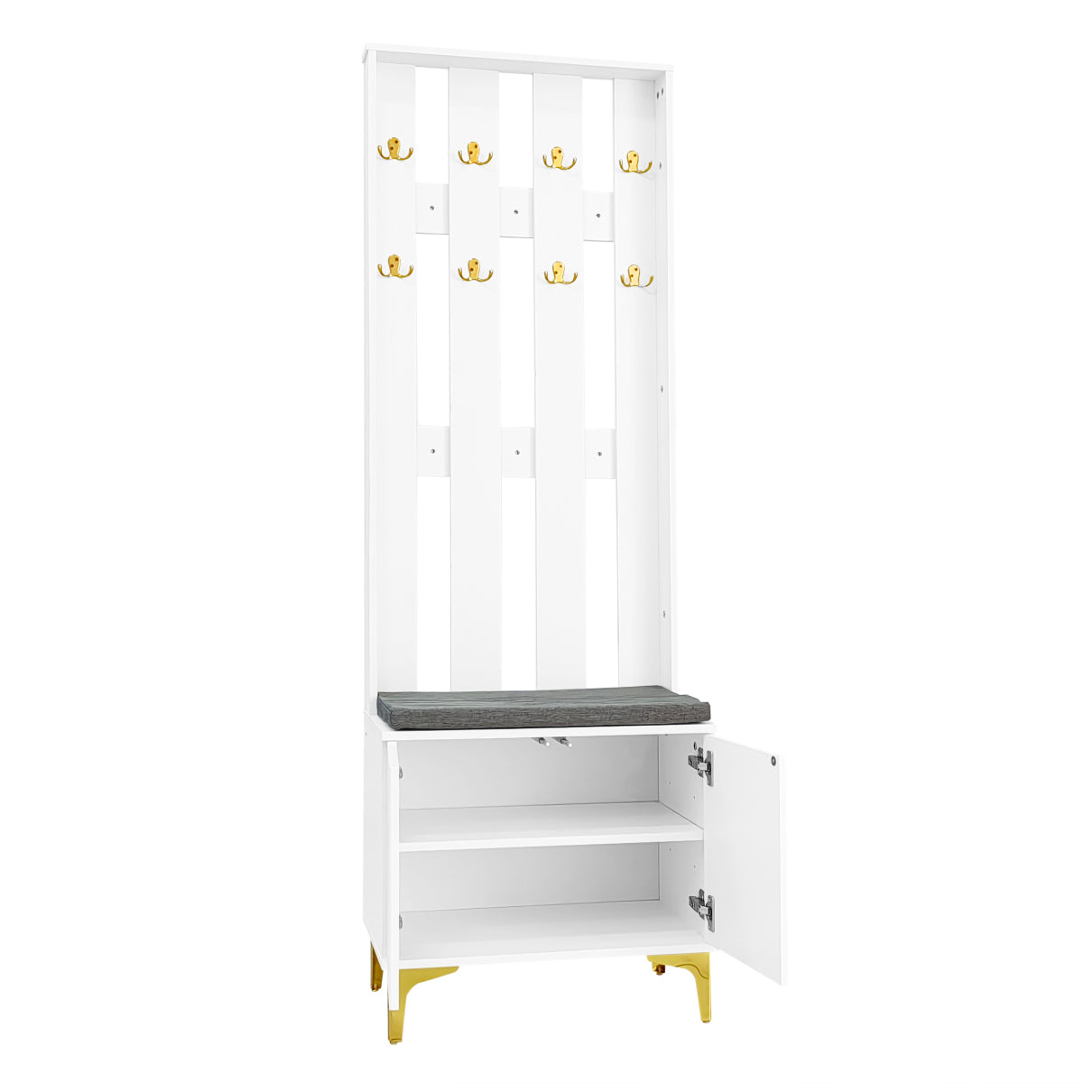 Hoher Garderobenschrank mit Wellentüren, Push-to-Open, verstellbaren Regalen & Goldakzenten, Weiß, 60,5×35,2×180,5 cm