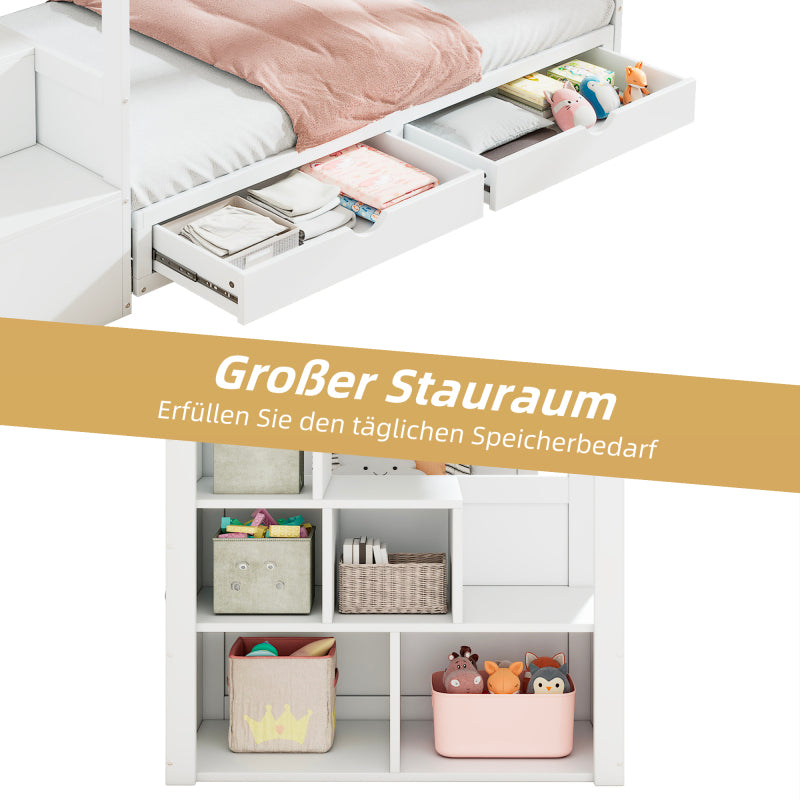 Kinder-Etagenbett, Doppelbett, multifunktionales Kinderbett,Mit Treppenschrank und 2 Schubladen, ohne Matratze, Die untere Ebene als Bett oder Sofa genutzt und enthält Kissen , weiß, 90*200