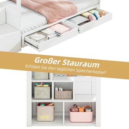 Kinder-Etagenbett, Doppelbett, multifunktionales Kinderbett,Mit Treppenschrank und 2 Schubladen, ohne Matratze, Die untere Ebene als Bett oder Sofa genutzt und enthält Kissen , weiß, 90*200