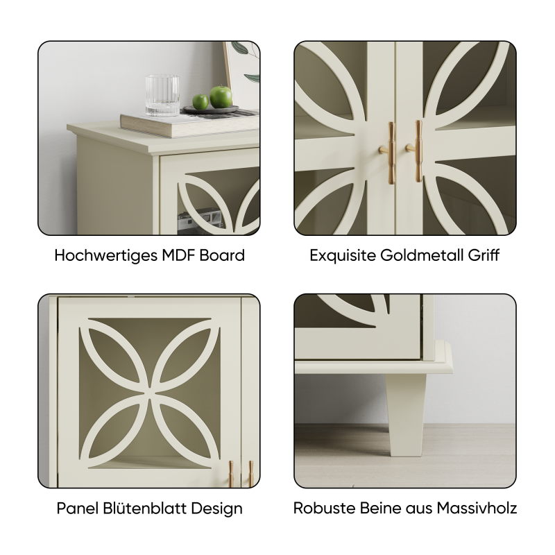 Sideboard mit Glastüren und verstellbaren Böden, freistehender Aufbewahrungsschrank im Retro-Stil, 2-türig, für Bad & Küche, Creme