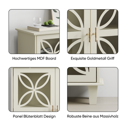 Sideboard mit Glastüren und verstellbaren Böden, freistehender Aufbewahrungsschrank im Retro-Stil, 2-türig, für Bad & Küche, Creme