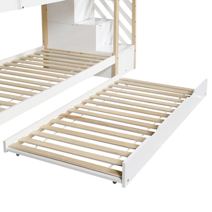 Etagenbett, Ausziehbares Baumhausbett, Schiebebett, Treppe mit 3 Schubladen, Kinderbett mit Absturzsicherung und Kinderbettgitter, mit Lattenroste, Natur+Weiß (90x200cm&90x190cm) [30813567NAA]