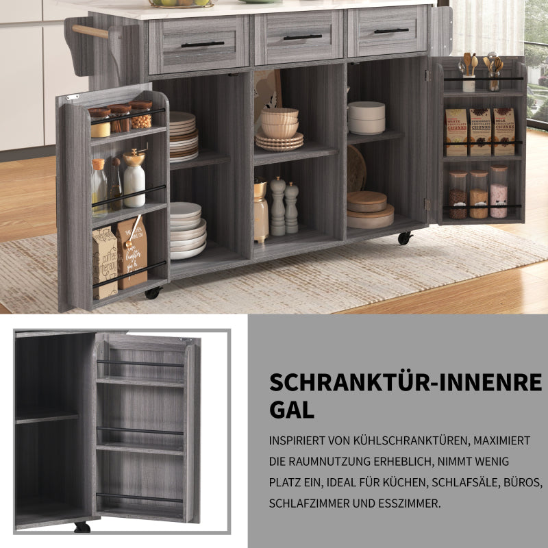 139x46(71)x91.5 cm großer Servierwagen/Beistellschrank, graues Massivholz-Furnier für den Korpus + weiße Marmor-Furnierdekoration für die Arbeitsplatte, Schrank/klappbare Arbeitsfläche/Stauraumtüren/r