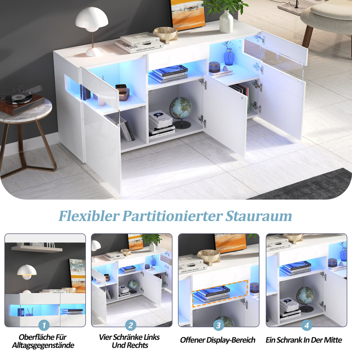 Sideboard 140 cm, Hochglanz Weiß, LED-Beleuchtung (App-Steuerung), 3 Türen