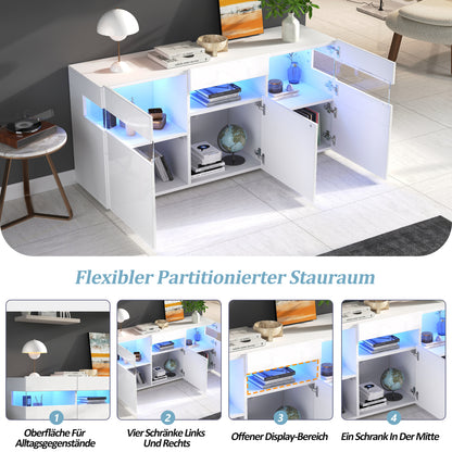 Sideboard 140 cm, Hochglanz Weiß, LED-Beleuchtung (App-Steuerung), 3 Türen