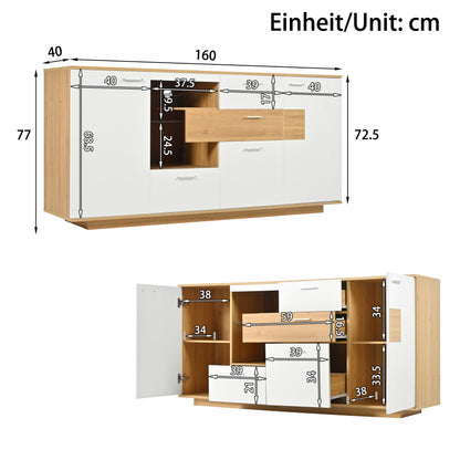 Modernes Sideboard-Schrank mit viel Stauraum, mit LED-Beleuchtung, 160x40x77cm, 2 Türen, 4 Schubladen, Glasablage, Holzoptik, Weiß,Wohnzimmermöbel, Organizer, Kommode, Mehrzweckschrank.