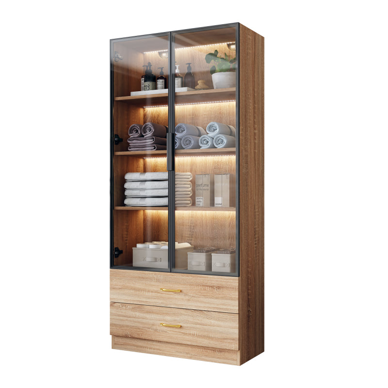 Badezimmerschrank, mittel, mit Lichtleiste, 75 cm breit, mit 2 großen Schubladen und 2 Türen, Glastür