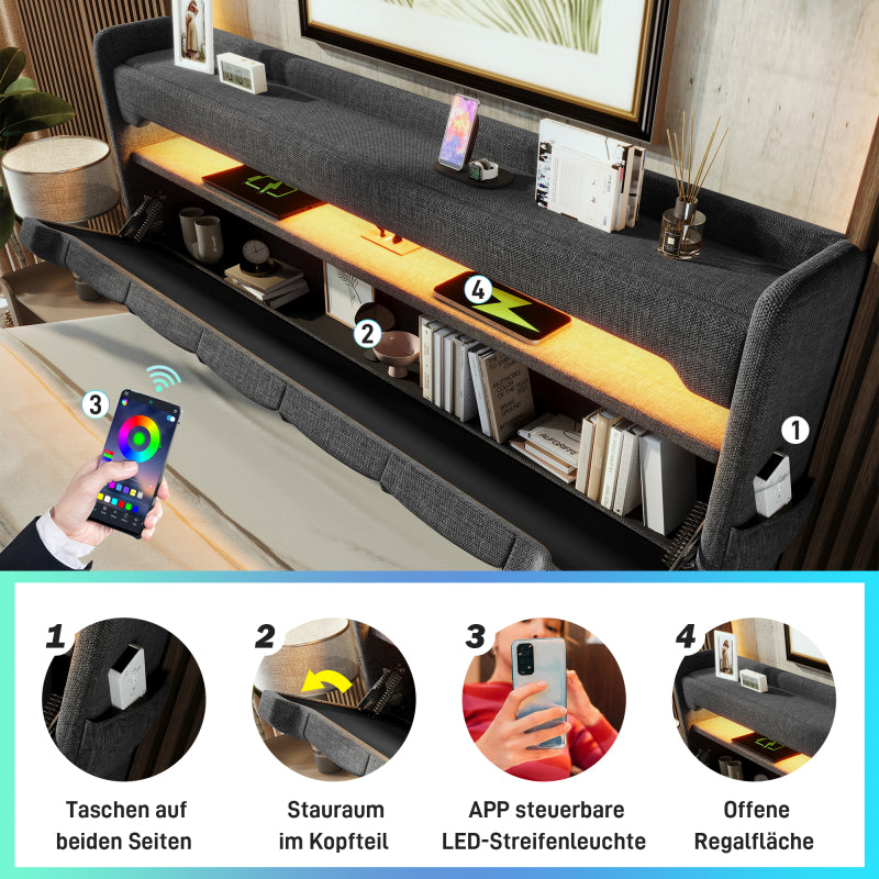 Polsterbett Doppelbett 180*200, Stauraum Kopfteil mit USB und Typ C-Port ,360-Surround-LED-Funktion rund um Kopf- und Fußende des, Betten mit Hydraulisch Stauraum, Grau , Leinen(Ohne Matratze)
