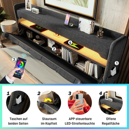 Polsterbett Doppelbett 180*200, Stauraum Kopfteil mit USB und Typ C-Port ,360-Surround-LED-Funktion rund um Kopf- und Fußende des, Betten mit Hydraulisch Stauraum, Grau , Leinen(Ohne Matratze)