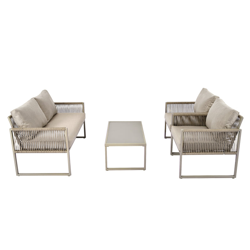 Garten-Lounge-Set mit verzinktem Eisenrahmen, Gartenmöbel-Set aus Seil, Lounge-Set aus khakifarbenem Seil mit Sitzkissen, verstellbaren Füßen, glatter Glasplatte, 4er-Set, inklusive aller Kissen