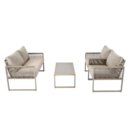 Garten-Lounge-Set mit verzinktem Eisenrahmen, Gartenmöbel-Set aus Seil, Lounge-Set aus khakifarbenem Seil mit Sitzkissen, verstellbaren Füßen, glatter Glasplatte, 4er-Set, inklusive aller Kissen