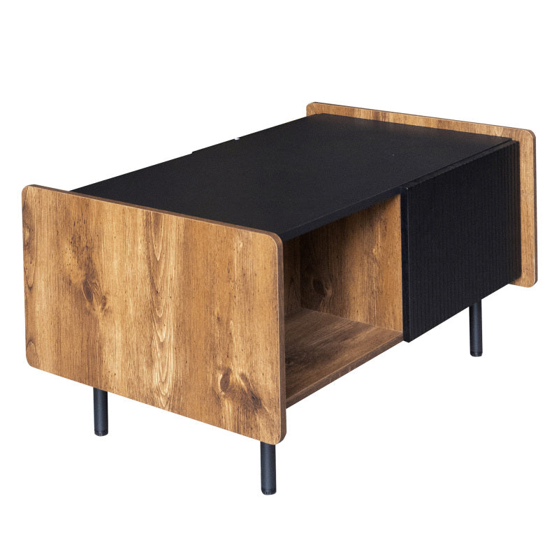 90 cm Schwarze und Holzfarbene Couchtisch – Moderner Stil, Zwei Offene Fächer und Zwei Türen, Dämpfende Scharniere
