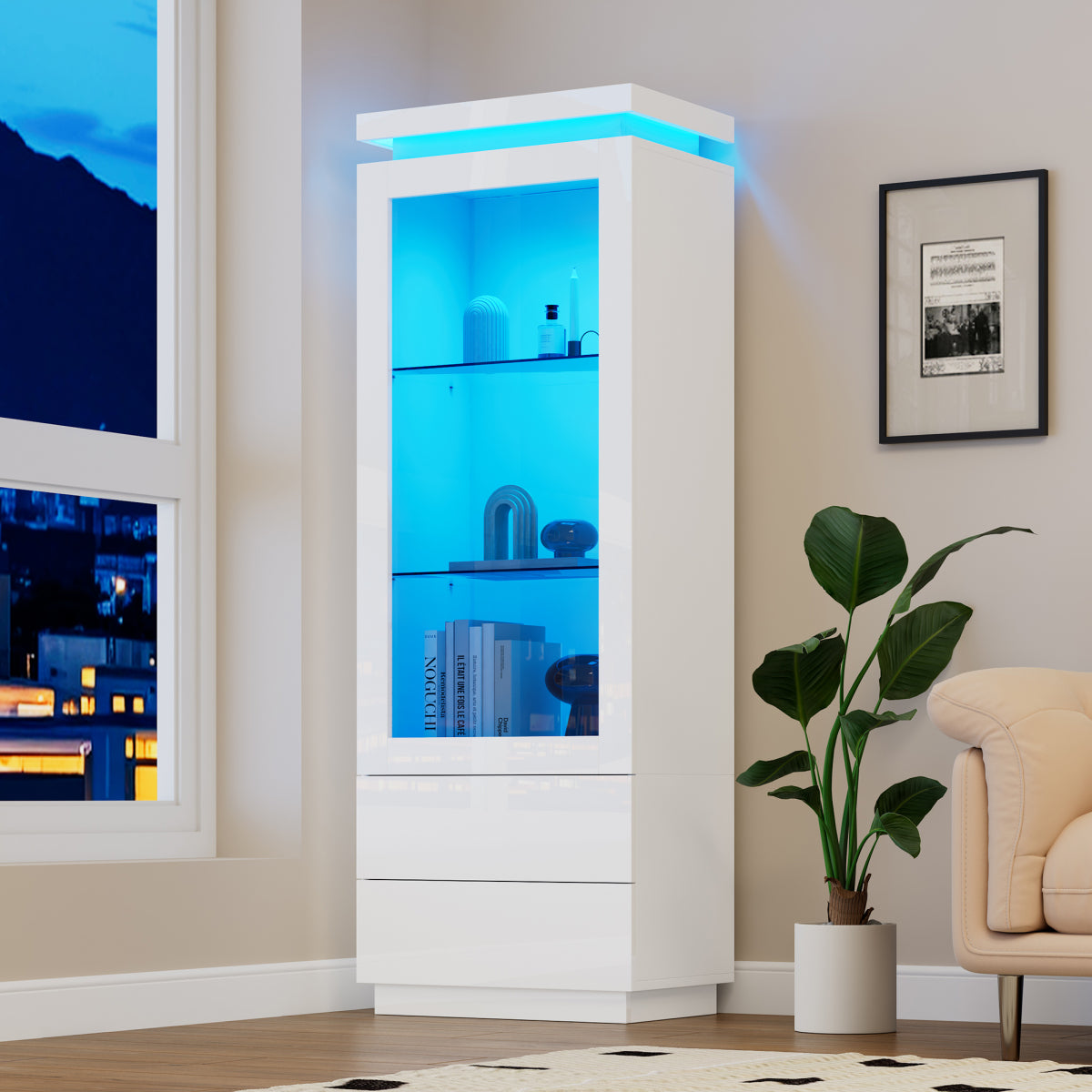 Weiß Hochglanz Vitrine 60x40x171cm mit App-LED & 2 Schubladen, Glasvitrine Hochschrank mit Acryltür, Standregal Wohnzimmerschrank