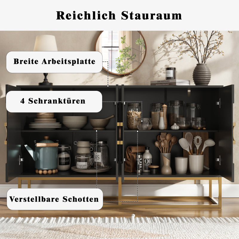 Esszimmerschrank (140×40×83cm), Esszimmer-Wohnzimmer-Aufbewahrungsschrank, einzigartiges Design, Schranktürdesign, freistehender Schrank, Minimalistisches Sideboard,Rundzugring Schranktür,Schwarz