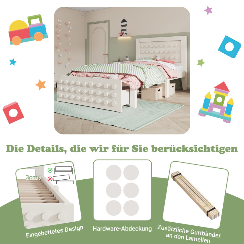 Holzbett Einzelbett 90x190 cm, Kinderbett Jugendbett mit Kreativem Block Design, Massivholz Bettgestell mit Lattenrost, mit Schubladen & Unterm Bett Stauraum, Weiß, Ohne Matratze