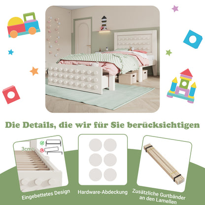 Holzbett Einzelbett 90x190 cm, Kinderbett Jugendbett mit Kreativem Block Design, Massivholz Bettgestell mit Lattenrost, mit Schubladen & Unterm Bett Stauraum, Weiß, Ohne Matratze