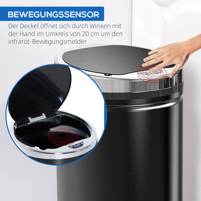 Sensor Mülleimer 42L, Elektrisch Automatischer Abfalleimer mit Deckel, Rostfrei, für Bad, Büro, Küche, Esszimmer, Stahl, Schwarz