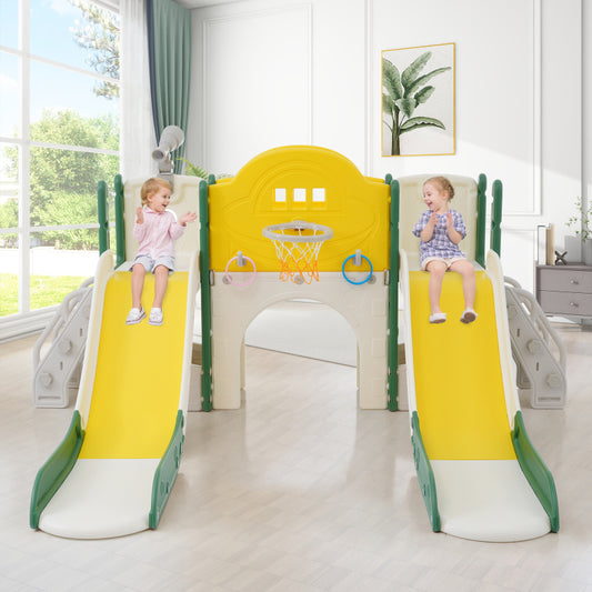 8 in 1 Kinderrutsche Kletterspielzeug, Multifunktionsrutsche mit 2 Rutschen, freistehende Rutsche, Klettern, Bohrspiel, Stauraum, Spielkorridor, Basketballkorb, Lasso-Spiel, Teleskop