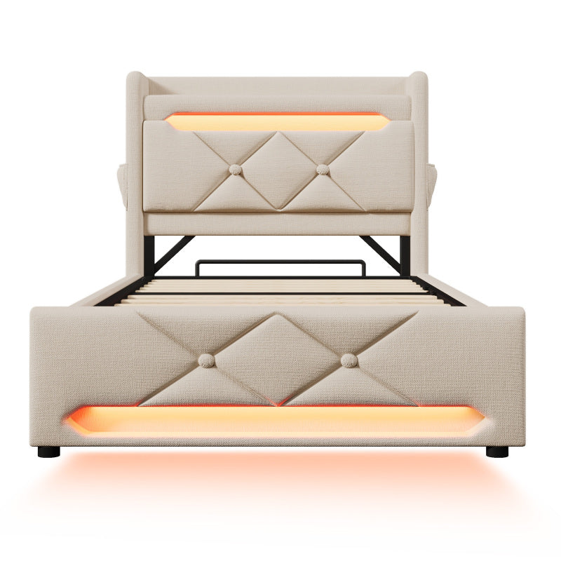 Polsterbett Einzelbett 90*200, Stauraum Kopfteil mit USB und Typ C-Port ,360-Surround-LED-Funktion rund um Kopf- und Fußende des, Betten mit Hydraulisch Stauraum, Beige, Leinen(Mit Matratze)