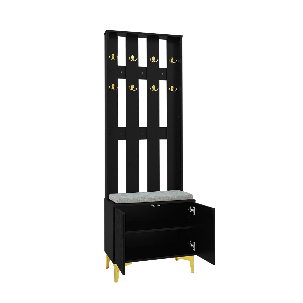 Hoher Garderobenschrank mit Wellentüren, Push-to-Open, verstellbaren Regalen & Goldakzenten, Schwarz, 60,5×35,2×180,5 cm