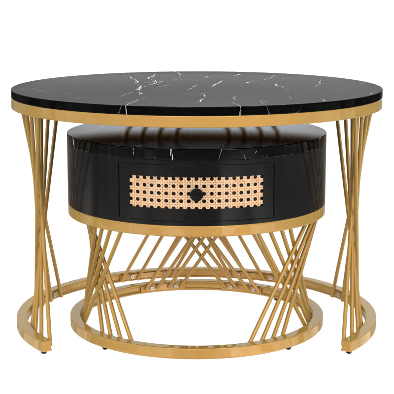 2 in 1 Runder Couchtisch aus MDF, Beistelltisch mit Tischplatte aus Marmor und Schubladen aus Kunststoff-Rattan, Griffe aus Massivholz. goldene Eisenfüße. 70*70*45,5+50*50*38,5cm