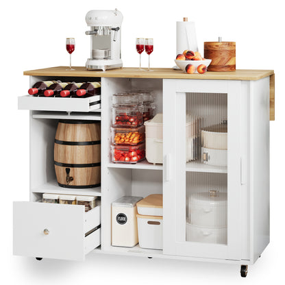 112×46(69)×91cm, klappbarer Kücheninselwagen, Eichenholzfurnier, Weinregal, Schubladen, großer Kücheninselwagen mit Schiebetüren aus gehärtetem Glas und verstellbaren Einlegeböden, mobiler Inselwagen