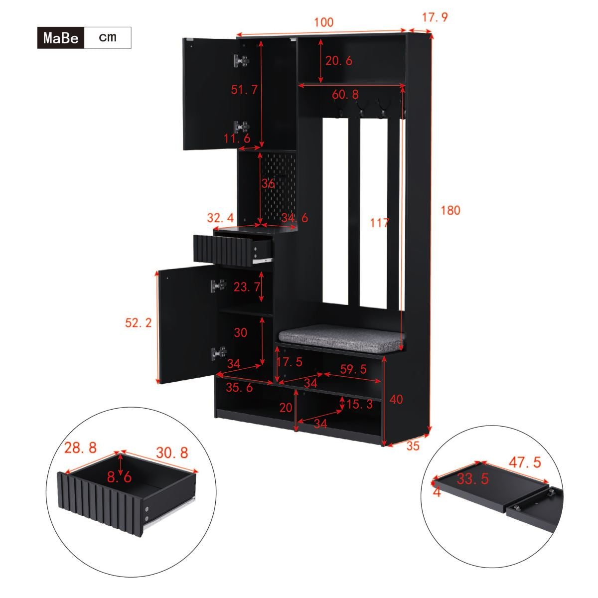 Garderobenset mit Sitzbank, Pegboard, 4 Haken, 2 Schubladen & Schrank, MDF, Schwarz, 100×35×180 cm