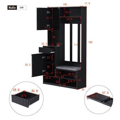 Garderobenset mit Sitzbank, Pegboard, 4 Haken, 2 Schubladen & Schrank, MDF, Schwarz, 100×35×180 cm