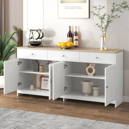 Sideboard mit weißer Holzmaserung, vier Türen, mit drei Schubladen, Wohnzimmer, Esszimmer. Holzfarbe und Weiß