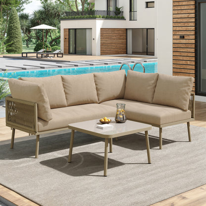 Garten-Lounge-Set aus Eisen, Gartenmöbel-Set aus grauem Seil, L-förmiges Gartenmöbel-Set, Lounge-Set aus grauem Seil mit Sitzkissen, verstellbaren Füßen, 2 Sofas und 1 Tisch