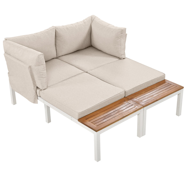 Garten-Loungesessel-Set, Gestell aus verzinktem Stahl, (2x Zweisitzer, 2x Beistelltische, 1x Tisch), Akazienholzplatte, Stoffbezug zur Bespannung der Rückenlehne, beige(previous sku:HW00005AAW)