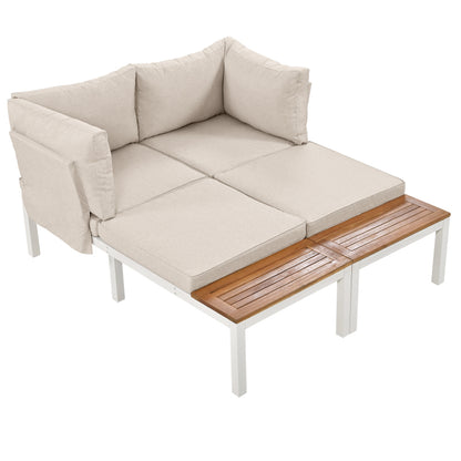 Garten-Loungesessel-Set, Gestell aus verzinktem Stahl, (2x Zweisitzer, 2x Beistelltische, 1x Tisch), Akazienholzplatte, Stoffbezug zur Bespannung der Rückenlehne, beige(previous sku:HW00005AAW)