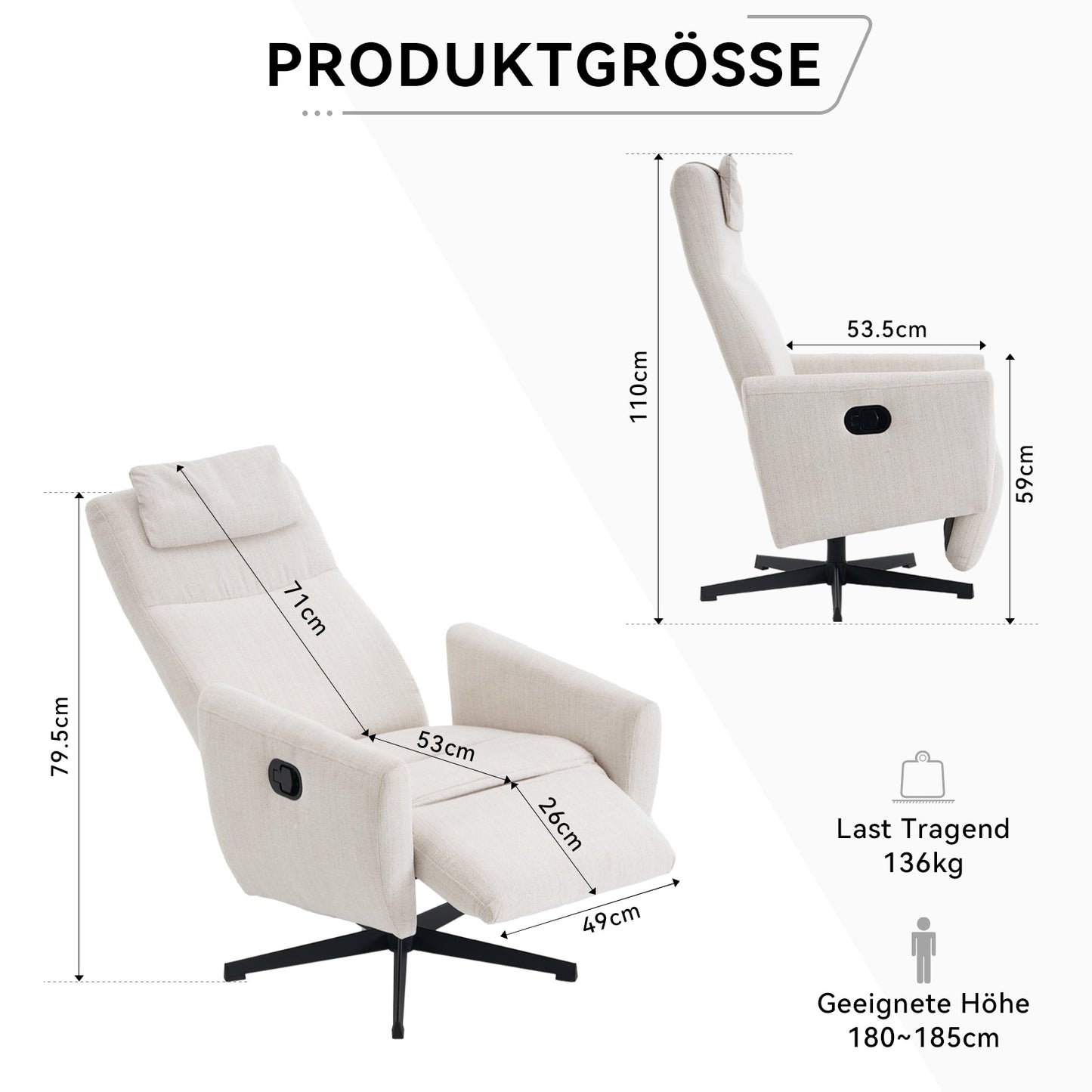 Bequemer Relaxsessel mit Liegefunktion – Chenille Fernsehsessel mit Fußstütze, drehbarer Stillsessel & Loungesessel für Wohnzimmer, modernes Sofa, Beige