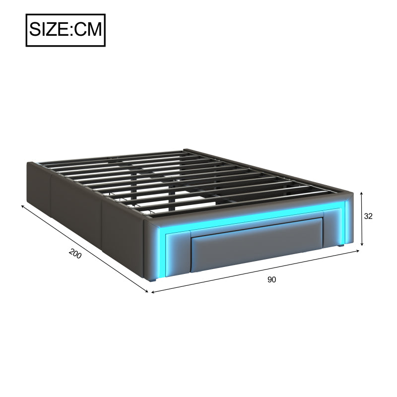 Bettgestell 90X200 mit Schubladen, PU-Leder Bett ohne Kopfteil Mit LED-Lichtleiste, MetalllattenPlattformbett für moderne Schlafzimmer Grau
