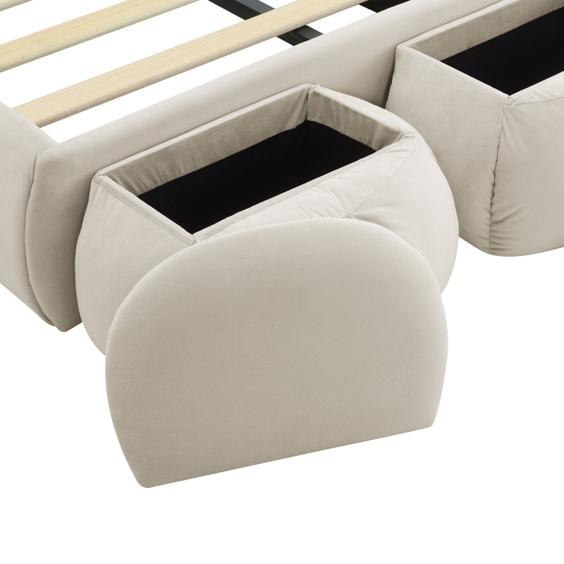 Polsterbett, Einzelbett, Hasenohren mit einstellbarer Helligkeit warmfarbenen Lichtstreifen, mit zwei Aufbewahrungshockern, Kinderbett mit Holzlatten, Samt, Beige, 90x200cm