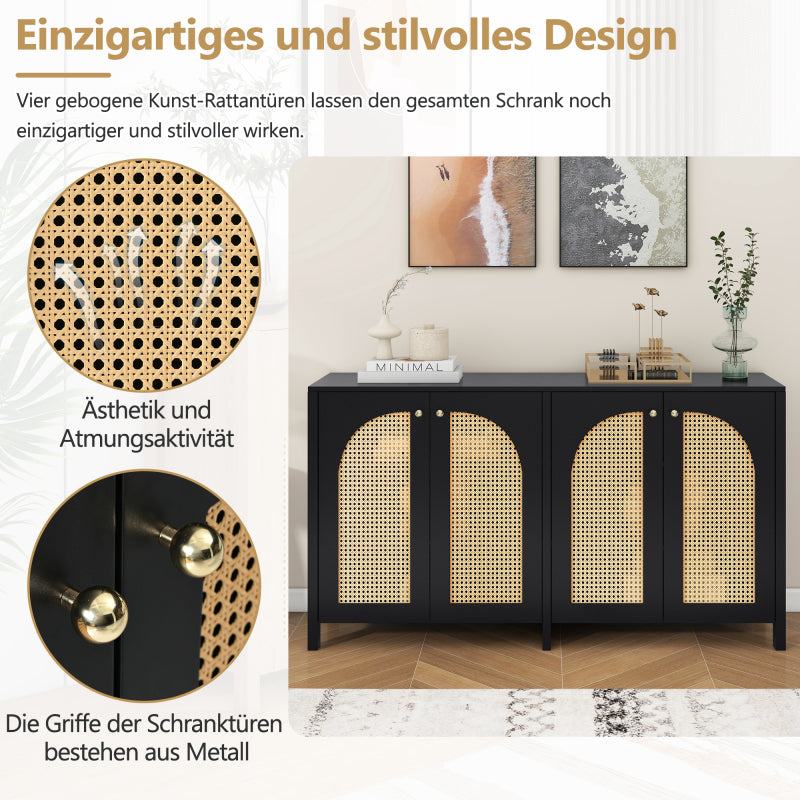 Modernes Sideboard im minimalistischen Stil 4-Rattantür, Metallgriff einfaches Buffetschrank für Esszimmer, Wohnzimmer, Küche (Schwarz)