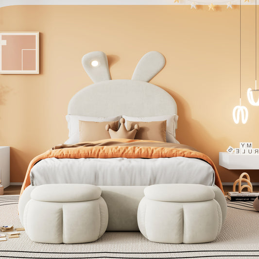 Polsterbett, Einzelbett, Hasenohren mit einstellbarer Helligkeit warmfarbenen Lichtstreifen, mit zwei Aufbewahrungshockern, Kinderbett mit Holzlatten, Samt, Beige, 90x200cm